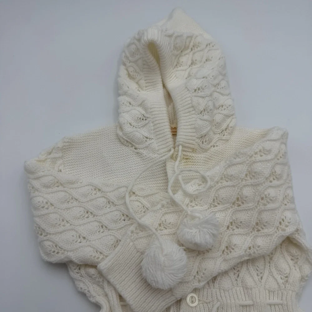 Vtg Renzo Baby Unisex Sz 0-3m White Knit Sleeper Hood Newborn Classic Handmade
